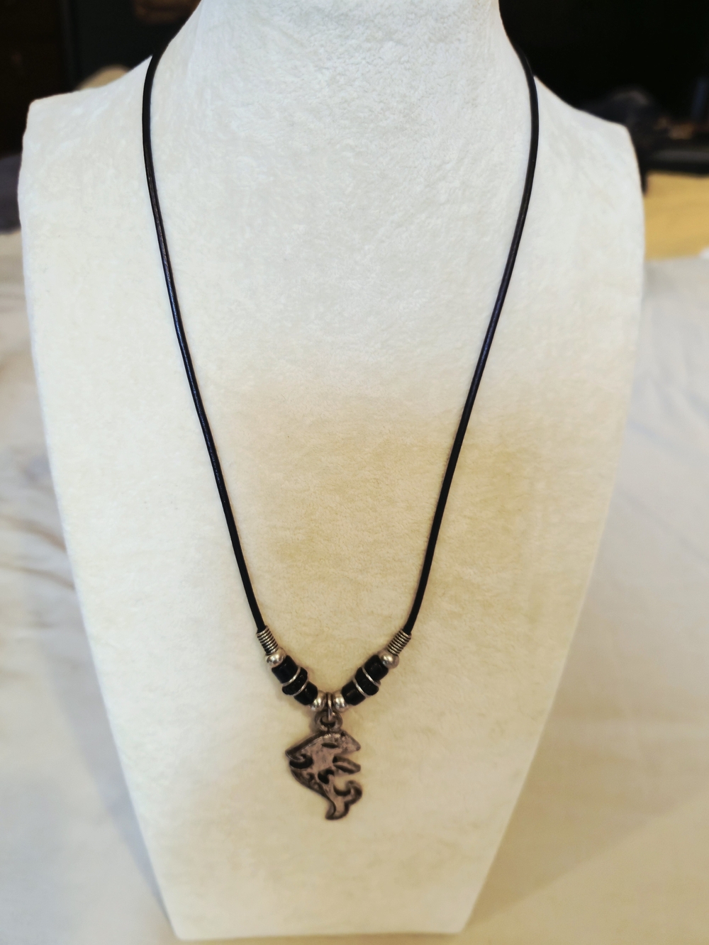 Black Cord Necklace with Silver-tone Dolphin Pendant